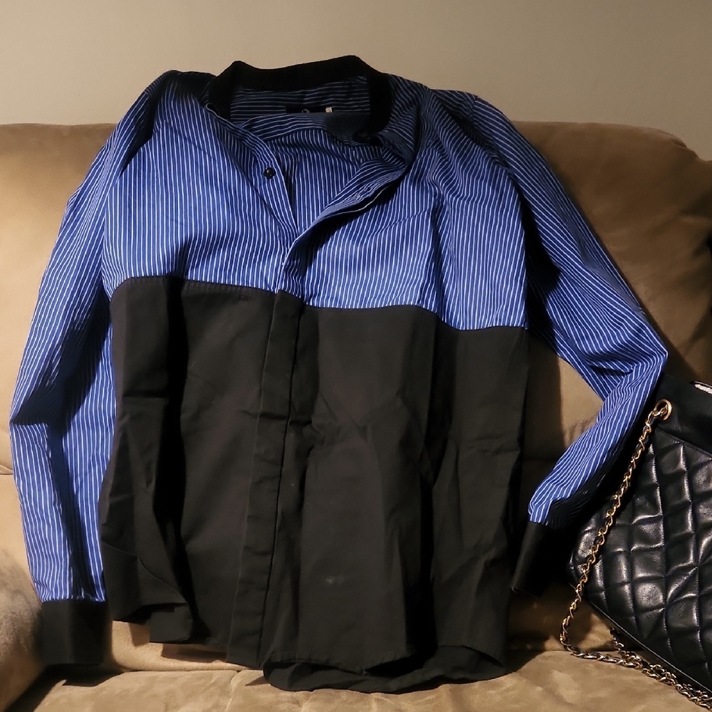 Blue and Black Striped Button-Up Shirt